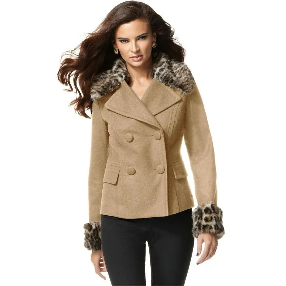 New! INC Women's Wool-Blend Pea Coat Removable Faux Fur Collar Size Medium Camel